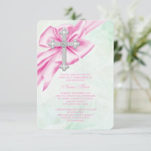 Erste Kommune hübsch Rosa und Grün Einladung (Stehend Vorderseite)