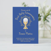 Erste Kommune Katholischer Junge blauer Hintergrun Einladung (Stehend Vorderseite)