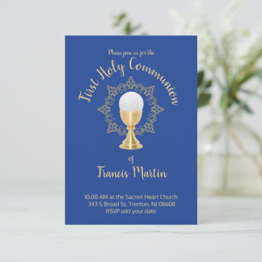 Erste Kommune Katholischer Junge blauer Hintergrun Einladung (Stehend Vorderseite)