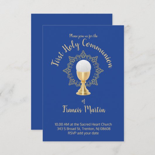 Erste Kommune Katholischer Junge blauer Hintergrun Einladung (Vorne/Hinten)