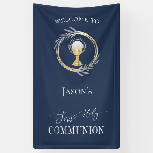 Erste Kommune Klassik Blau und Imitate Goldkreis Banner (Vertikal)