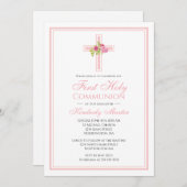 Erste Kommune Kreuz mit rosa Rosen Christlich Einladung (Vorne/Hinten)