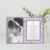 Erste Kommune Lila Blüte mit Foto Einladung (Stehend Vorderseite)