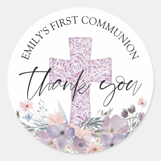 Erste Kommune Lila Wildblumen Vielen Dank Runder Aufkleber (Vorderseite)