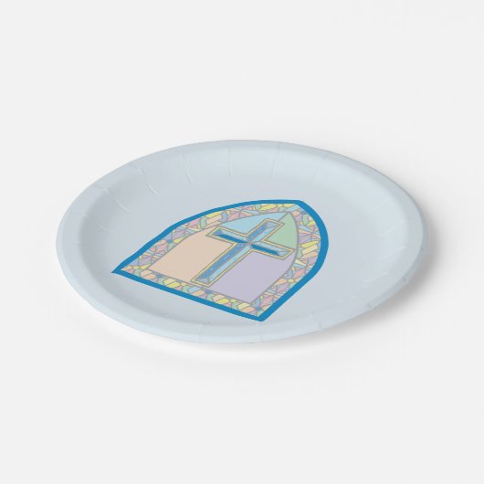 Erste Kommune mit blauhartem Glas Pappteller (Schrägansicht)