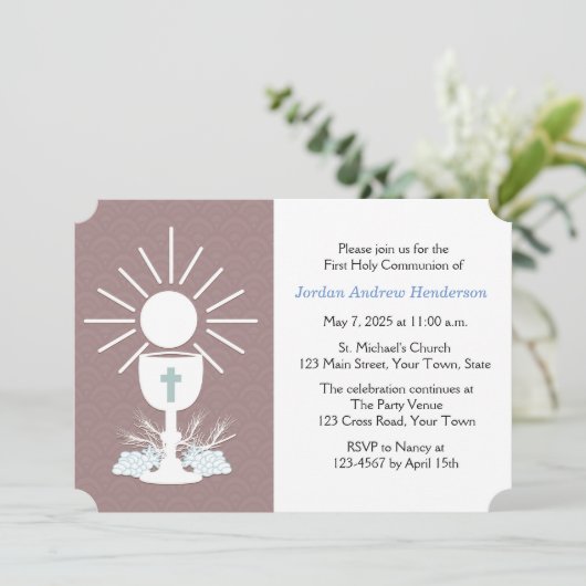 Erste Kommune mit Chalice, Mauve Einladung (Stehend Vorderseite)