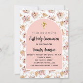 Erste Kommune Pampas Blume Rose Gold Rosa Mädchen Einladung (Vorderseite)
