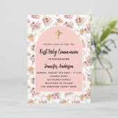 Erste Kommune Pampas Blume Rose Gold Rosa Mädchen Einladung (Stehend Vorderseite)