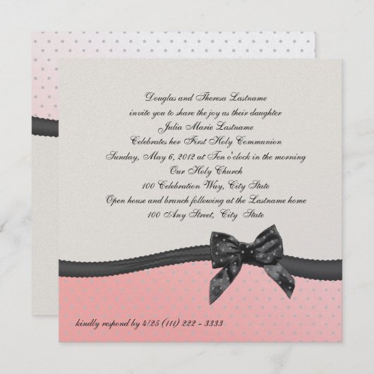 Erste Kommune Pink Polka Dot mit Bow Einladung (Vorne/Hinten)