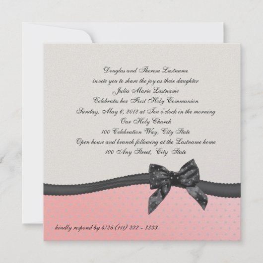 Erste Kommune Pink Polka Dot mit Bow Einladung (Vorderseite)