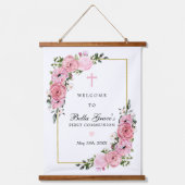 Erste Kommune Rosa Blumengeflecht Willkommenszeich Wandteppich Mit Holzrahmen (Vorderseite)