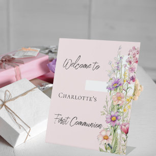 Erste Kommune Rosa Blumenmuster Kreuz Begrüßungsze Sockelschild