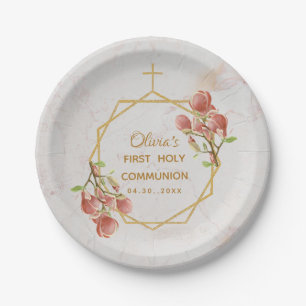 Erste Kommune Rosa Magnolia Marmor Gold Floral Pappteller