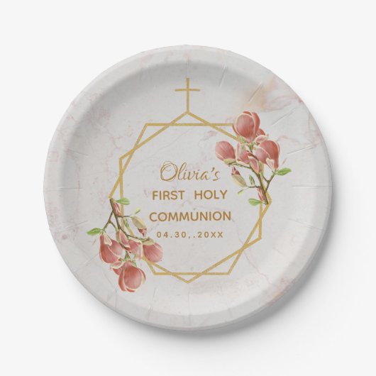 Erste Kommune Rosa Magnolia Marmor Gold Floral Pappteller (Vorderseite)