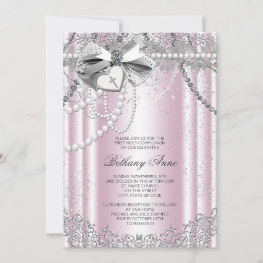 Erste Kommune Rosa und Graue Perle Einladung (Vorderseite)