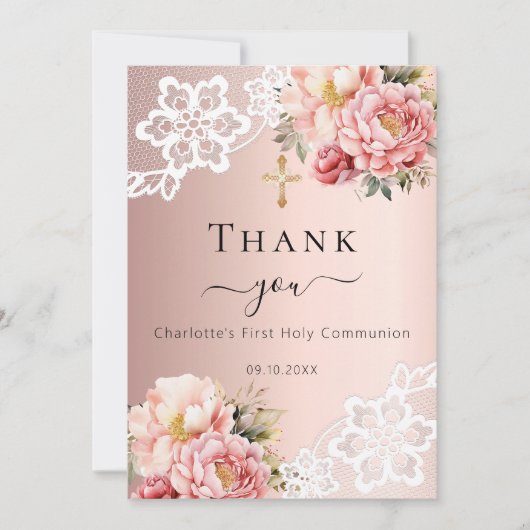 Erste Kommune Rose Blumenstrauß Dankeschön Karte (Vorderseite)