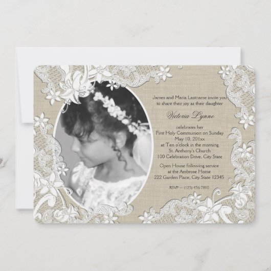 Erste Kommune Rustikale Flora mit Foto Einladung (Vorderseite)