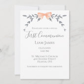 Erste Kommune Silver Blätter Peach Bow Einladung (Vorderseite)