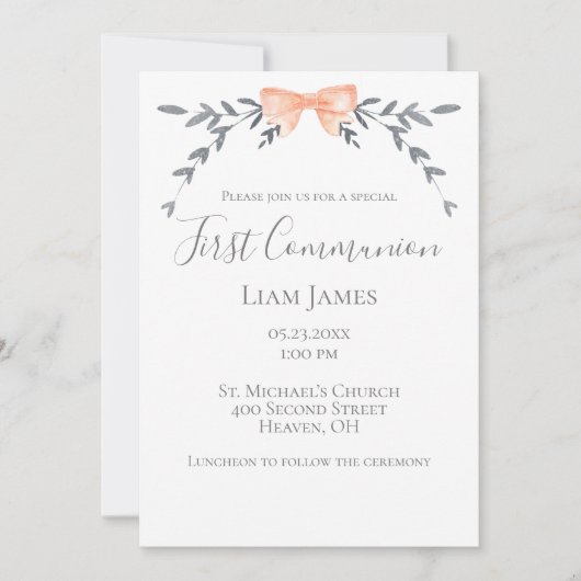 Erste Kommune Silver Blätter Peach Bow Einladung (Vorderseite)