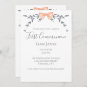 Erste Kommune Silver Blätter Peach Bow Einladung (Vorne/Hinten)