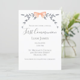 Erste Kommune Silver Blätter Peach Bow Einladung