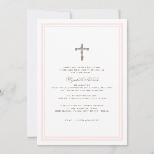 Erste Kommune Soft Pink und Brown Einladung (Vorderseite)