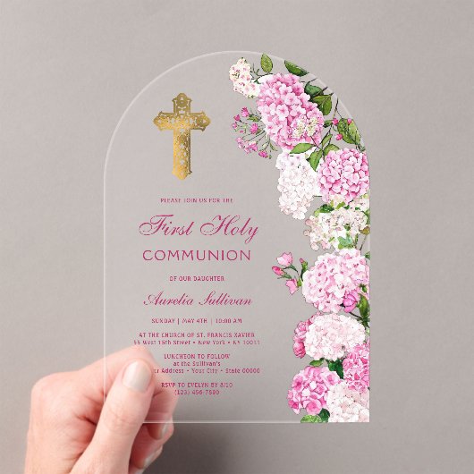 Erste Kommune von Pink Hydrangea Arch Acryleinladungen (Insitu (Handheld))