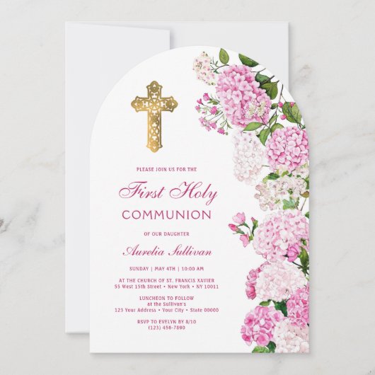 Erste Kommune von Pink Hydrangea Arch Einladung (Vorderseite)