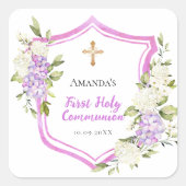 Erste Kommune Wappen rosa Blume Quadratischer Aufkleber (Vorderseite)