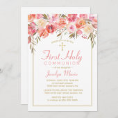 Erste Kommune Wasserfarbe Blütenrot Rosa Rose Einladung (Vorne/Hinten)