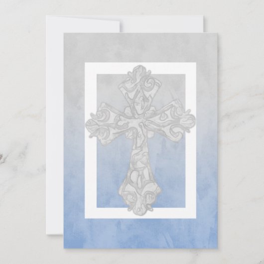 Erste Kommune Wasserfarbe Kreuz Grau und Blau Einladung (Vorderseite)