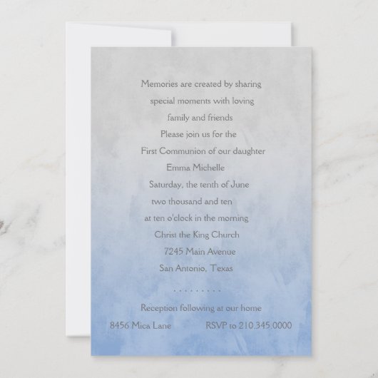 Erste Kommune Wasserfarbe Kreuz Grau und Blau Einladung (Rückseite)