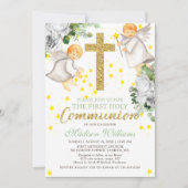 Erste Kommune Wasserfarbengel Gold Glitzer Einladung (Vorderseite)