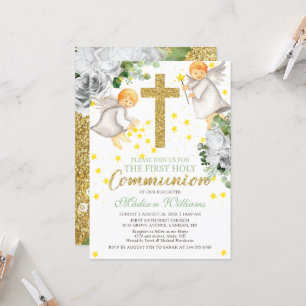Erste Kommune Wasserfarbengel Gold Glitzer Einladung