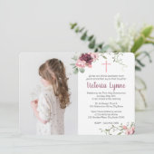 Erste Kommune Weichrosa Blüte mit Foto Einladung (Stehend Vorderseite)