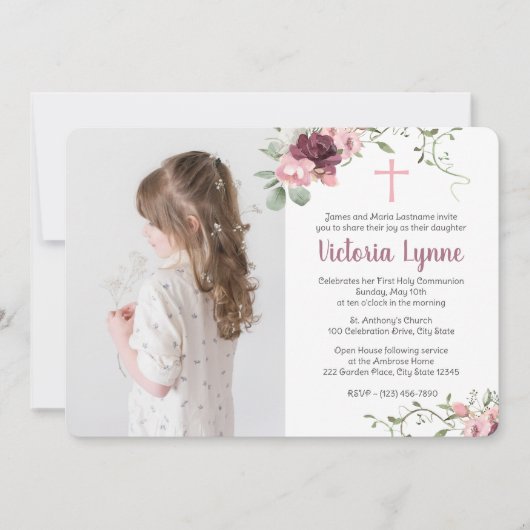 Erste Kommune Weichrosa Blüte mit Foto Einladung (Vorderseite)