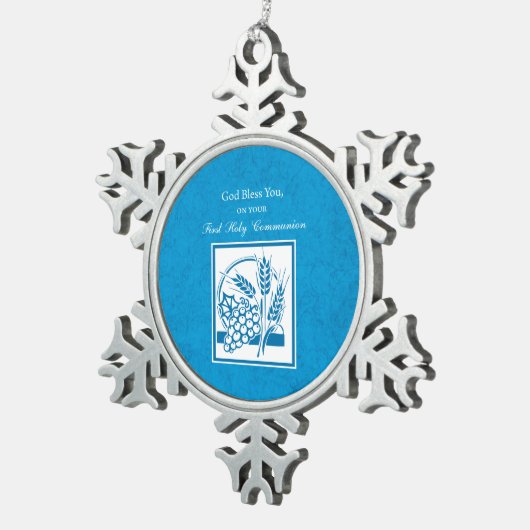 Erste Kommune, Weizen, Trauben blau Schneeflocken Zinn-Ornament (Rechts)