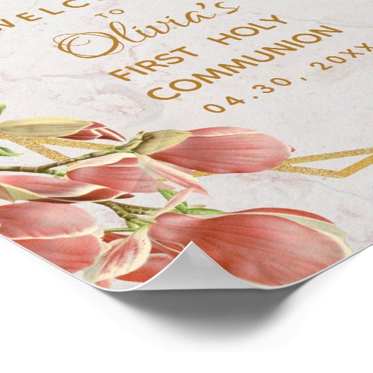 Erste Kommune Willkommen Rosa Magnolia Gold Floral Poster (Ecke)
