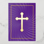 Erste Kommunion / Bestätigung Lila Swirl Cross Folieneinladung (Vorderseite)