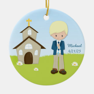 Erste Kommunion, blonder Junge, Kirche Keramikornament