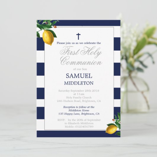 Erste kommunion Boy Navy Lemons Silver Religious Einladung (Stehend Vorderseite)