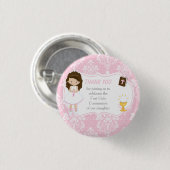 Erste Kommunion Brünett Hair Girl Danke Button (Vorne & Hinten)