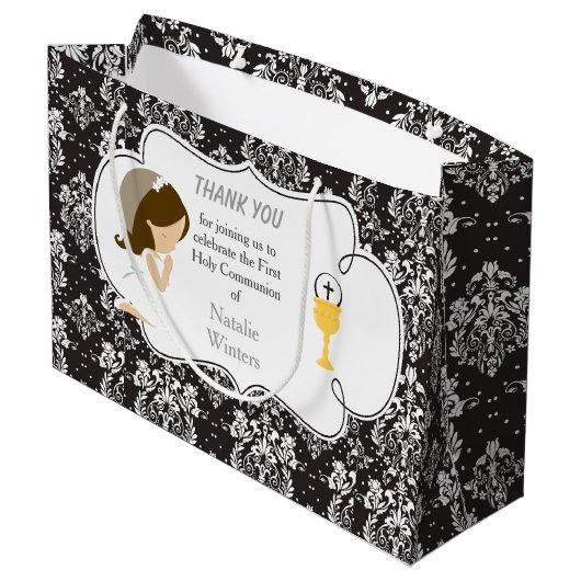 Erste Kommunion Brünett Hair Girl Danke Große Geschenktüte (Rückseite Schrägansicht)