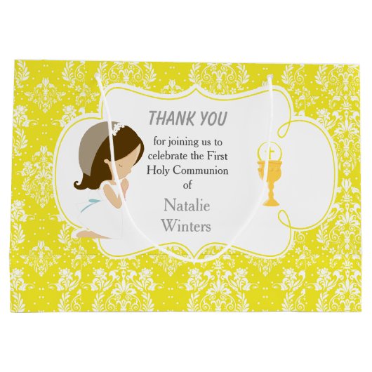 Erste Kommunion Brünett Hair Girl Danke Große Geschenktüte (Rückseite)