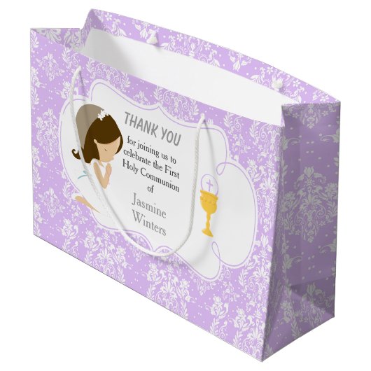 Erste Kommunion Brünett Hair Girl Danke Große Geschenktüte (Rückseite Schrägansicht)