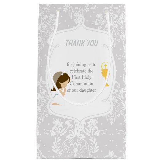 Erste Kommunion Brünett Hair Girl Danke Kleine Geschenktüte (Vorderseite)