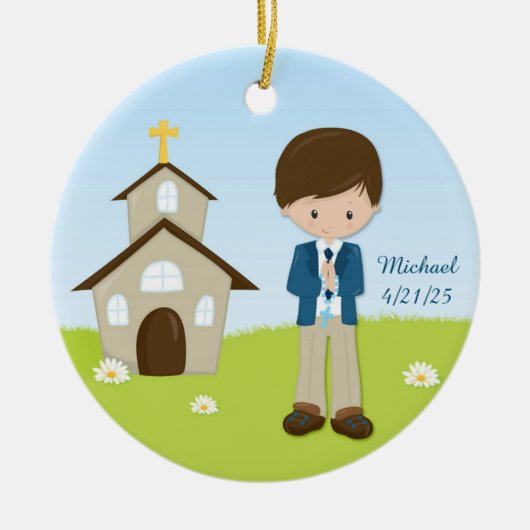 Erste Kommunion, brünetter Junge Keramik Ornament (Vorne)