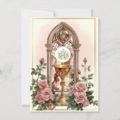 Erste Kommunion Chalice Host Rose Floral Einladung (Vorderseite)
