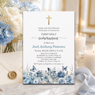 Erste Kommunion des Jungen Goldkreuz Blaue Blumen Einladung