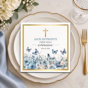 Erste Kommunion des Jungen Goldkreuz Blaue Blumen Serviette